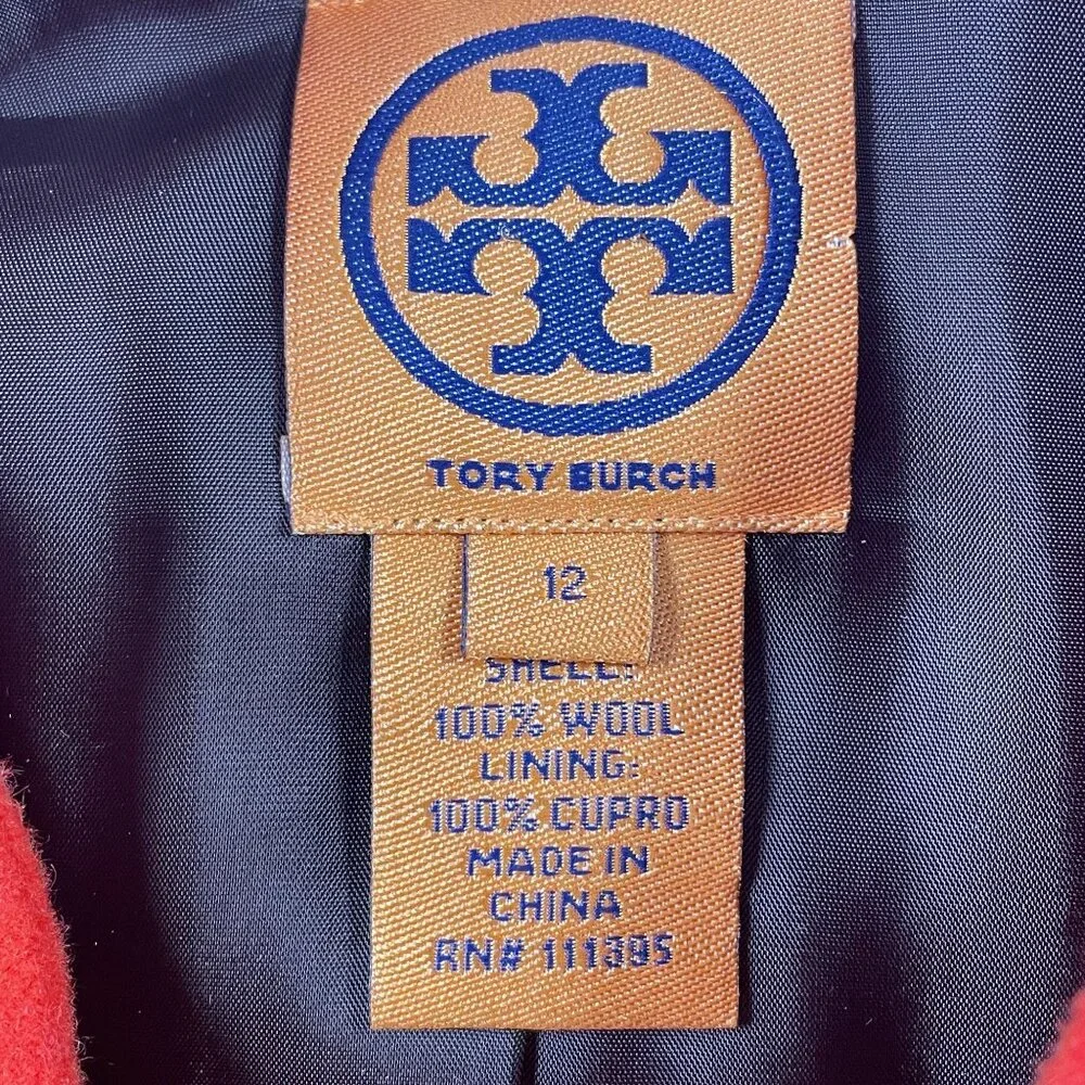 Tory Burch Coat Womens 12 Red w/ Gold Buttons 100% Wool‎ Double Breasted